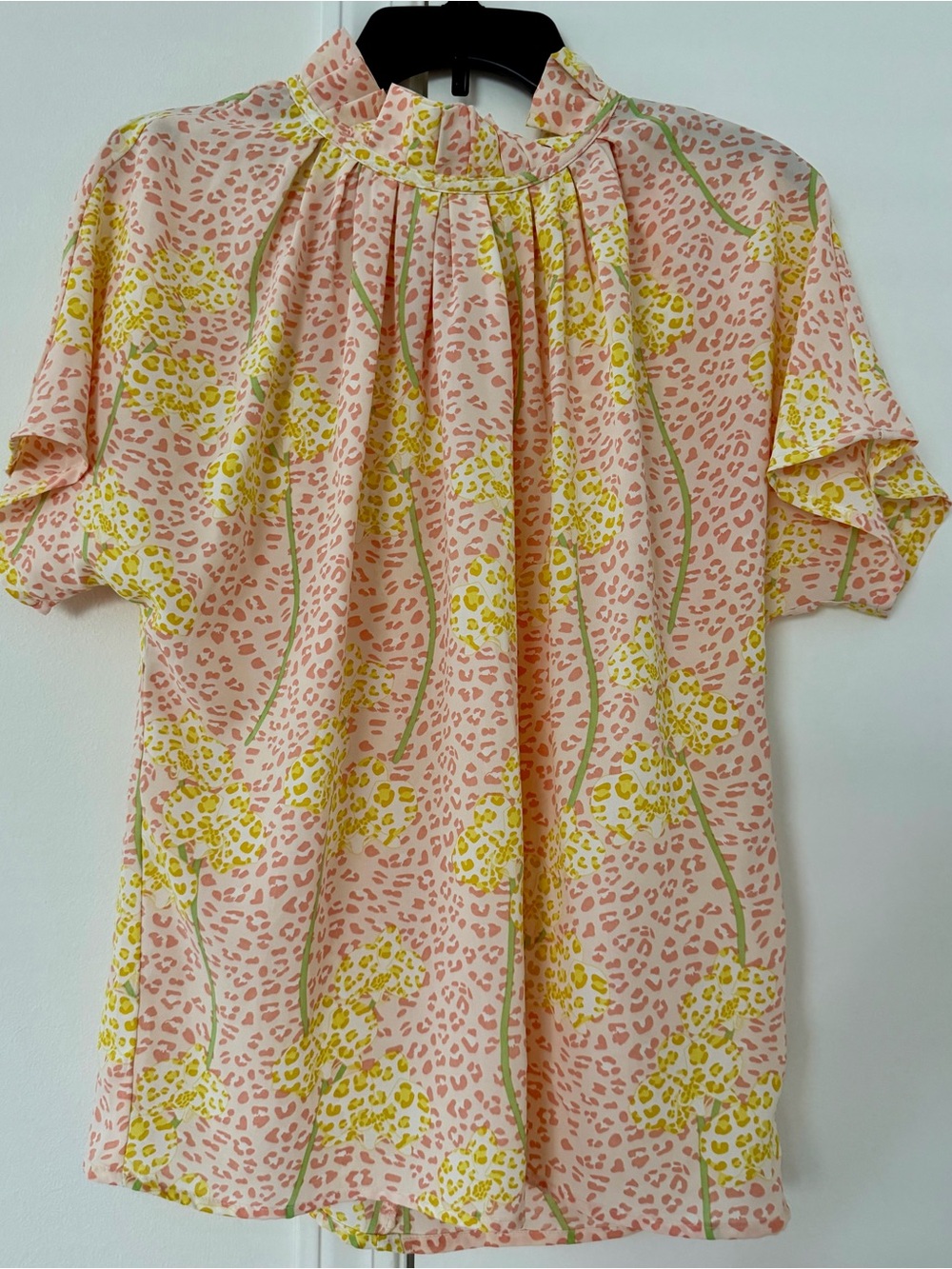 Pleated High-Neck Floral Blouse - Pink & Yellow